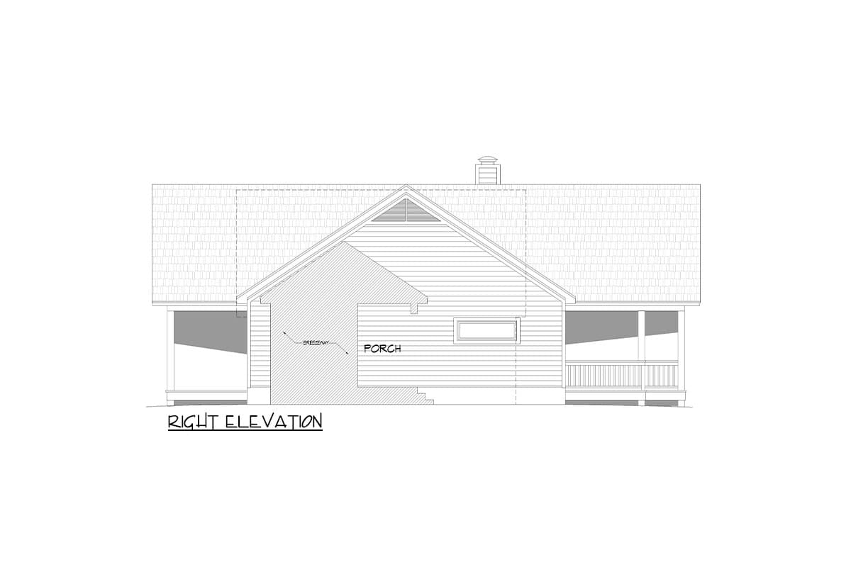 Right elevation house plan drawing showing a gambrel roof, gable vent, porch, and breezeway.