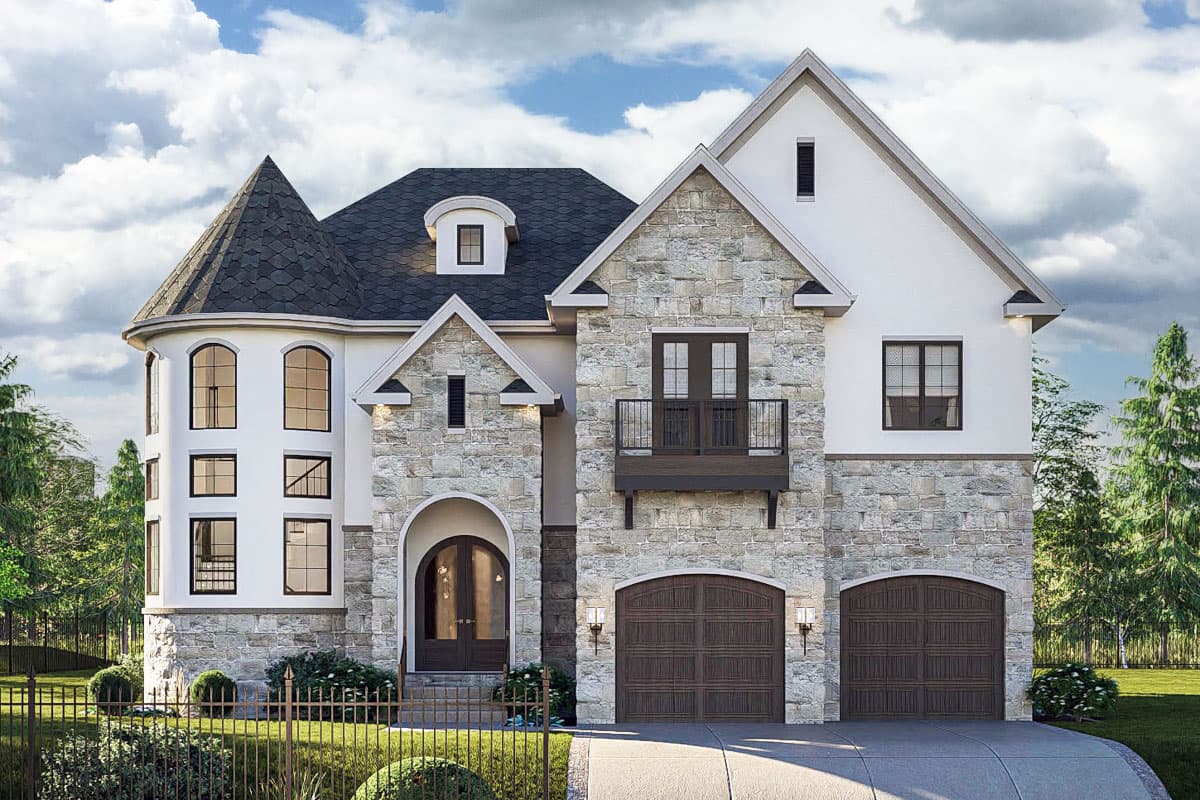 House plan exterior. Two-story with stone facade, turret, gabled roof, arched entry, balcony, and front-facing two-car garage.