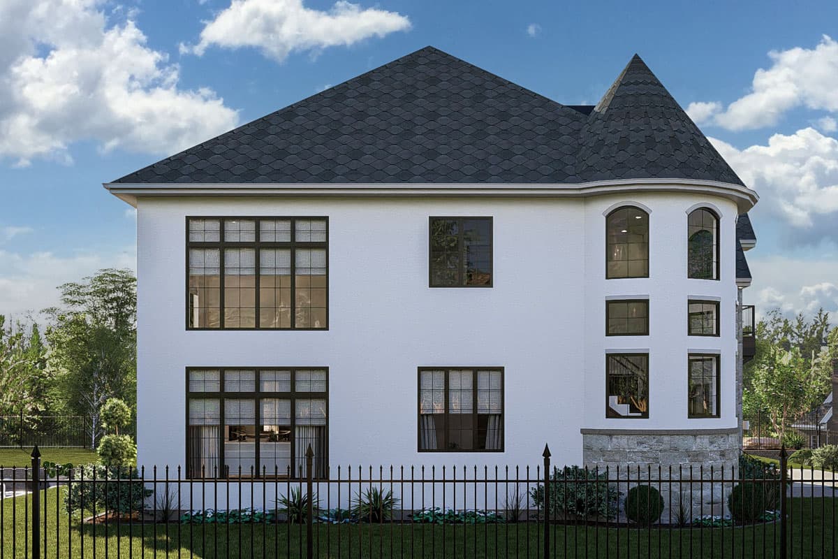 House plan exterior shows a two-story structure with a turret, multiple windows, and a dark shingle roof.