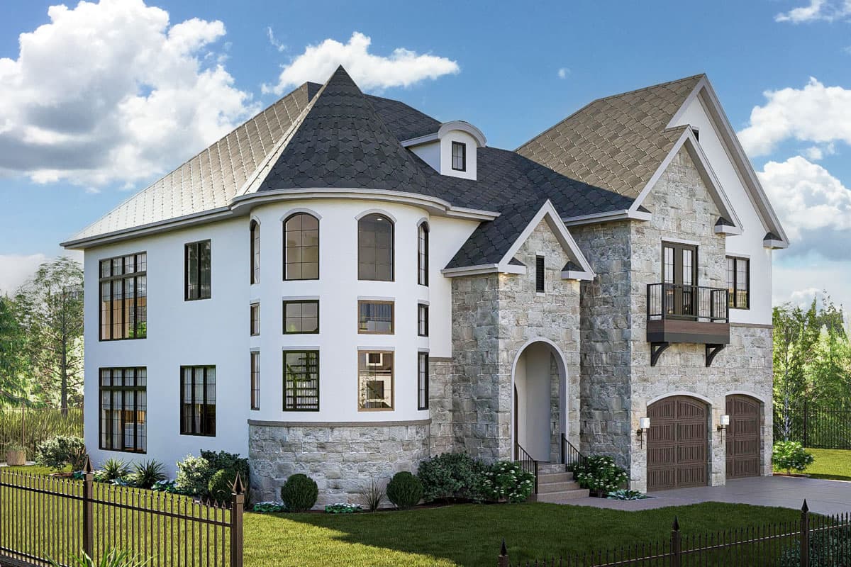 House plan exterior rendering showing a two-story home with a turret, stone accents, arched entryway, and double garage.