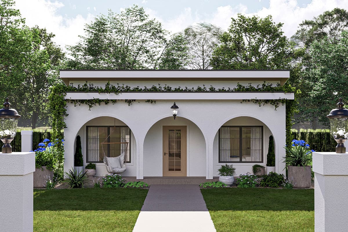 House plan exterior with arched entry, three arched windows, and central door. Single story.