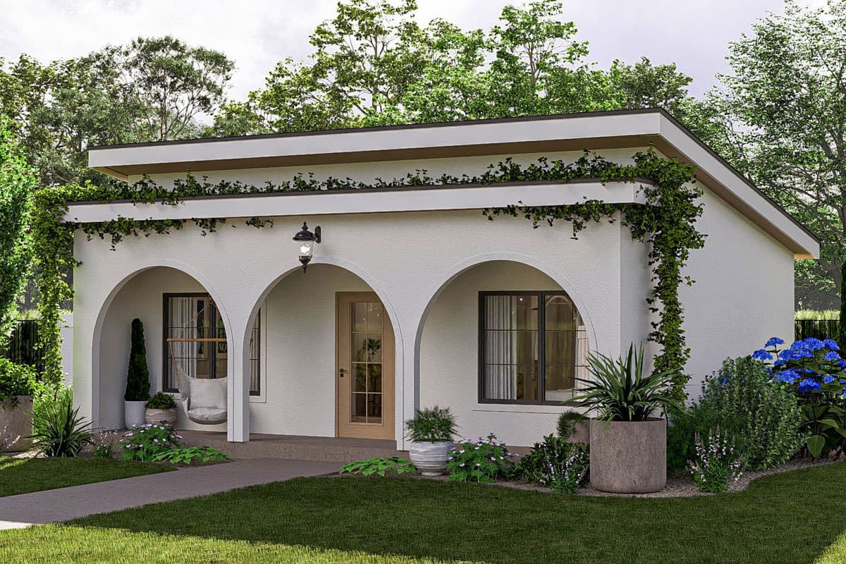 House plan exterior. One-story structure in a modern style with arched openings. Features include flat roof, recessed entry, and climbing vines.