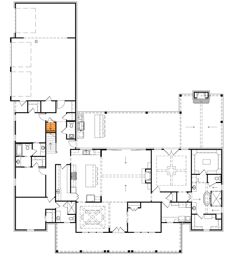 Plan 56549SM: Symmetrical 4-Bed Modern Farmhouse Plan with Home Office and Bonus Room - 3292 Sq Ft - Floor Plan - Basement Stairs Location - Country, Farmhouse, Modern Farmhouse, New American