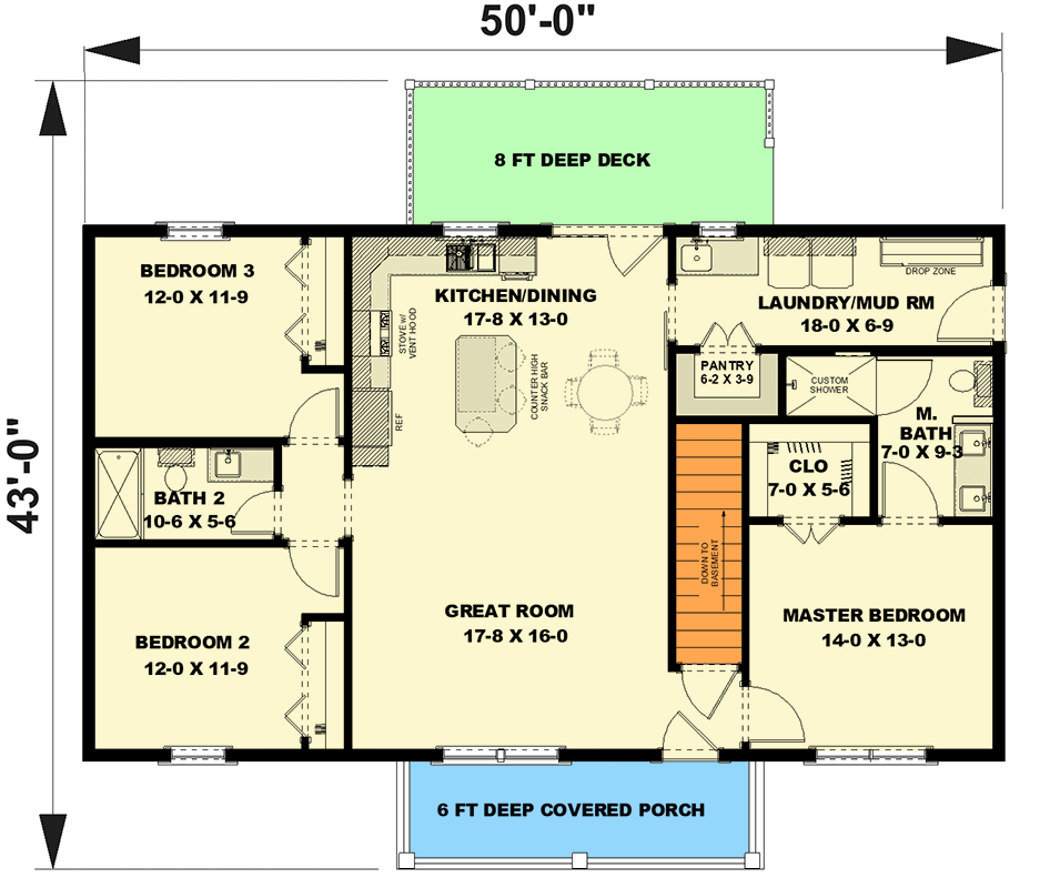 Plan 25046DH: 3-Bed One Story Country Home Plan with Drive Under Side-Entry Garage - 1402 Sq Ft - Floor Plan - Main Level - Country, Craftsman, Ranch, Rustic