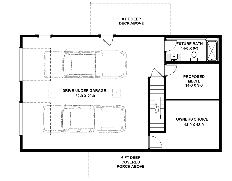 Plan 25046DH: 3-Bed One Story Country Home Plan with Drive Under Side-Entry Garage - 1402 Sq Ft - Floor Plan - Lower Level - Country, Craftsman, Ranch, Rustic