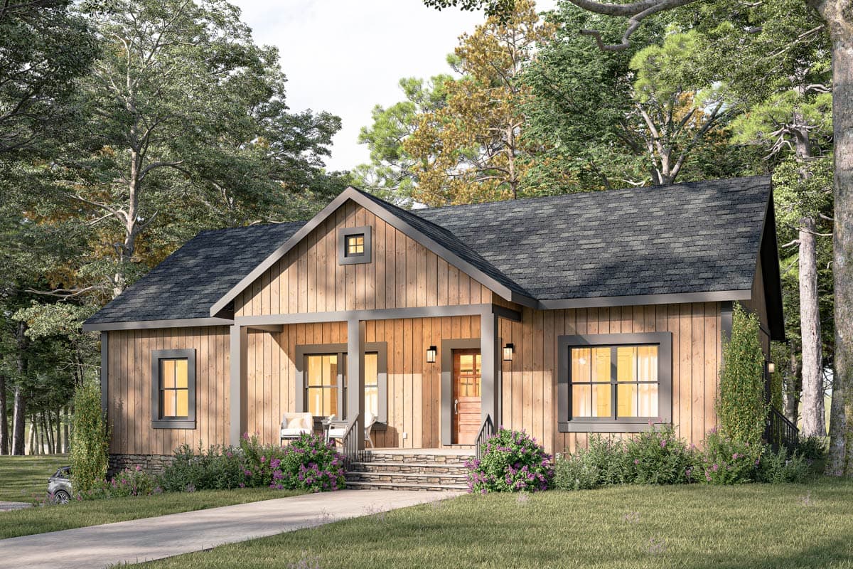 House plan exterior. Craftsman-style, single-story home with a front porch, gabled roof, and wood siding. Stone foundation visible.