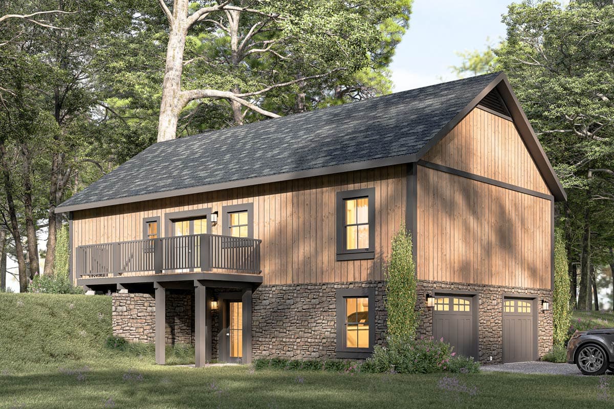 House plan exterior: wood siding, stone foundation, second-story deck, and a three-car garage.