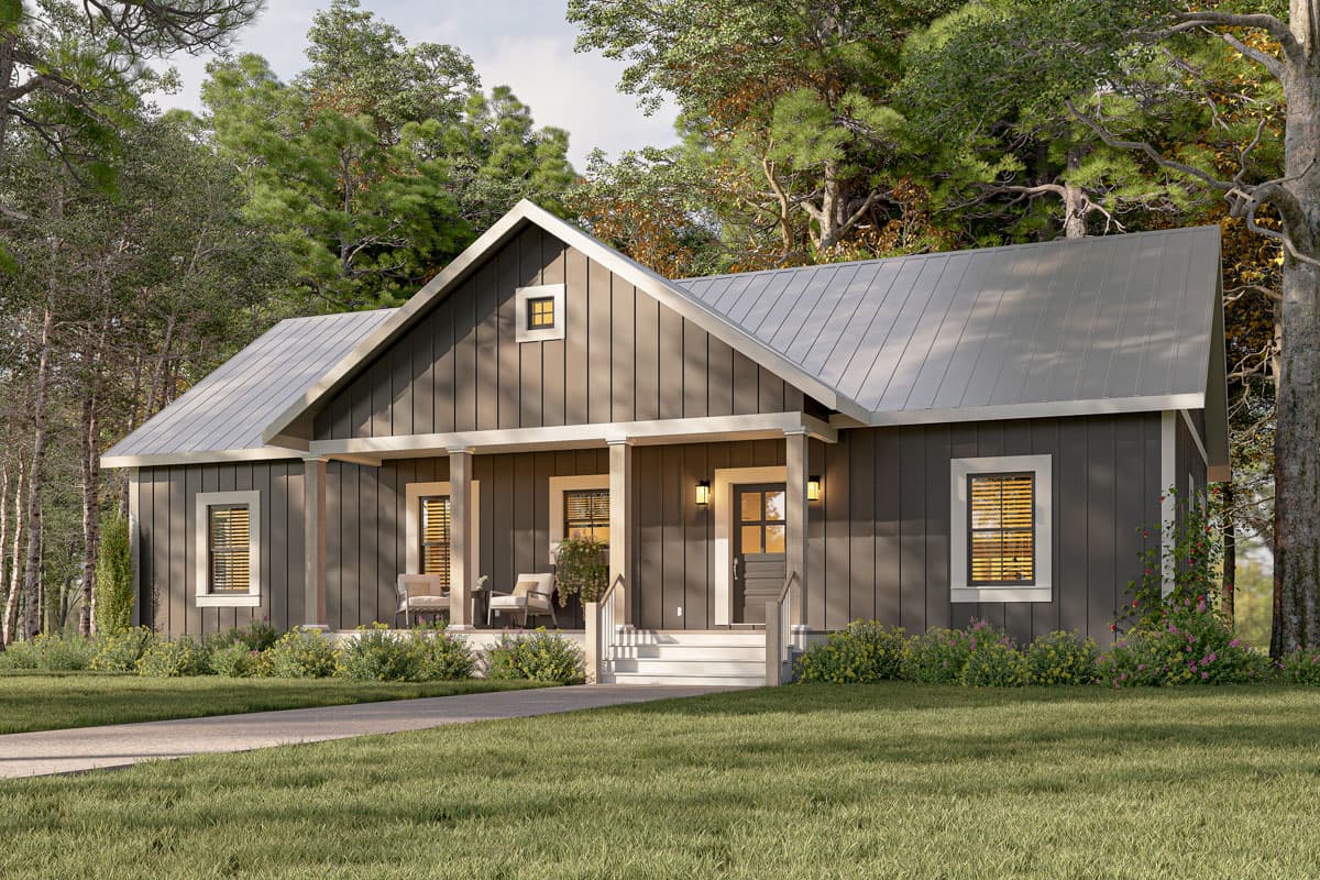 House plan exterior. One-story Ranch style home with a front porch, gabled roof, and vertical siding. Features include a metal roof and two dormers.