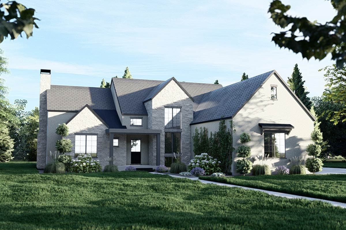 House plan exterior. Two-story, Modern style home with gabled roof, stone facade, and covered porch entry. Includes chimney and multiple windows.