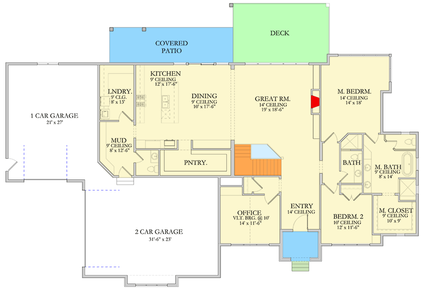 Plan 490117NAH: One-Story Transitional House Plan with Flex Home Office - 2612 Sq Ft - Floor Plan - Main Level - European, Transitional