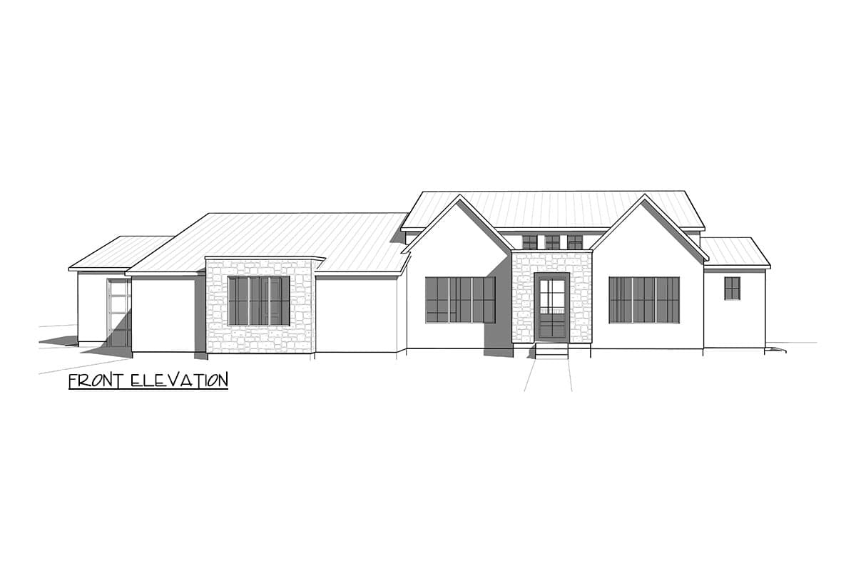 Front elevation drawing of a single-story house plan with stone accents, metal roof, and a two-car garage.