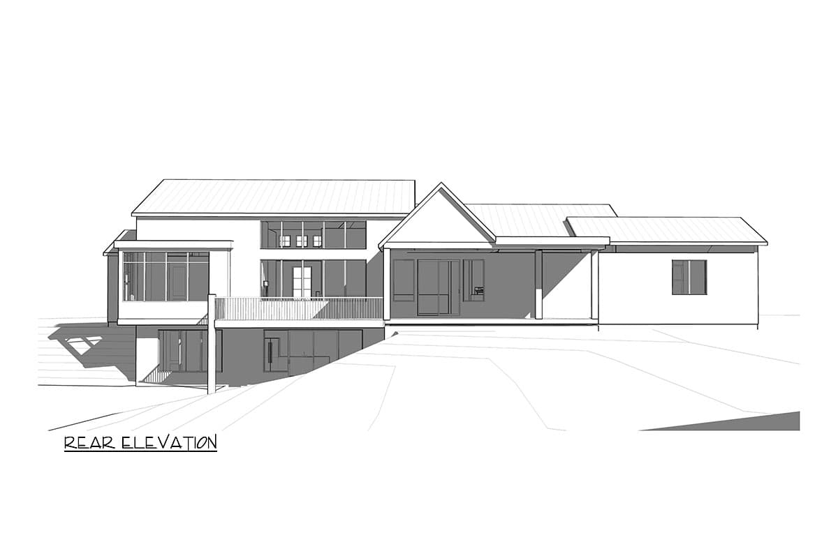 Rear elevation drawing of a multi-story house with a covered porch, balcony, and numerous windows.