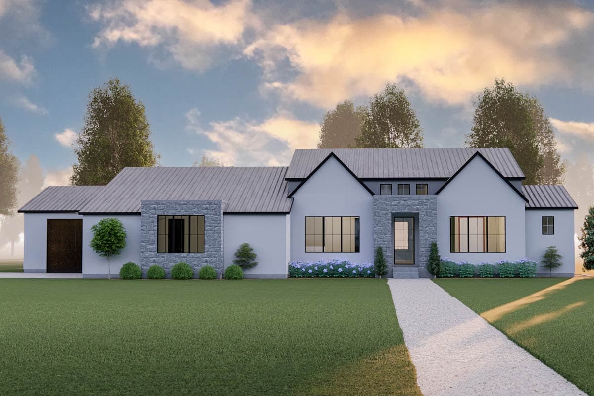 House plan exterior. Modern style, single story, with a gabled roof, stone accents, and an attached garage.