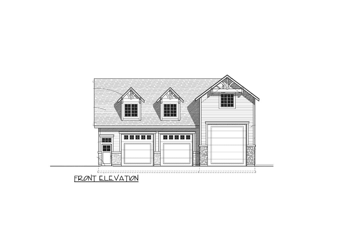 Front elevation drawing of a two-story house plan with a three-car garage, gabled dormers, and decorative beam detail.