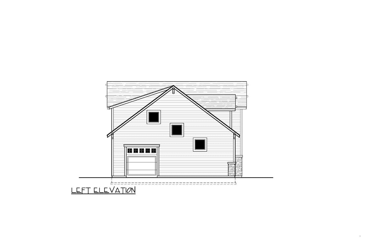Left elevation drawing of a house plan featuring a single garage door, multiple square windows, and gabled rooflines.