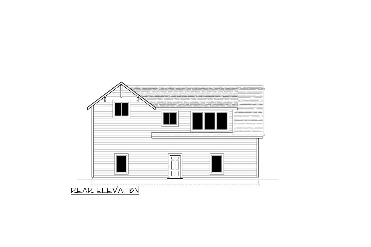 Rear elevation drawing of a two-story house plan with horizontal siding, gable, and multiple windows.