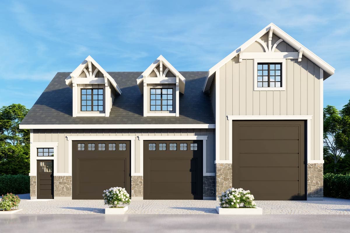 House plan exterior with Craftsman-style elements. Features three-bay garage, gabled roof with dormers, and stone veneer accents.