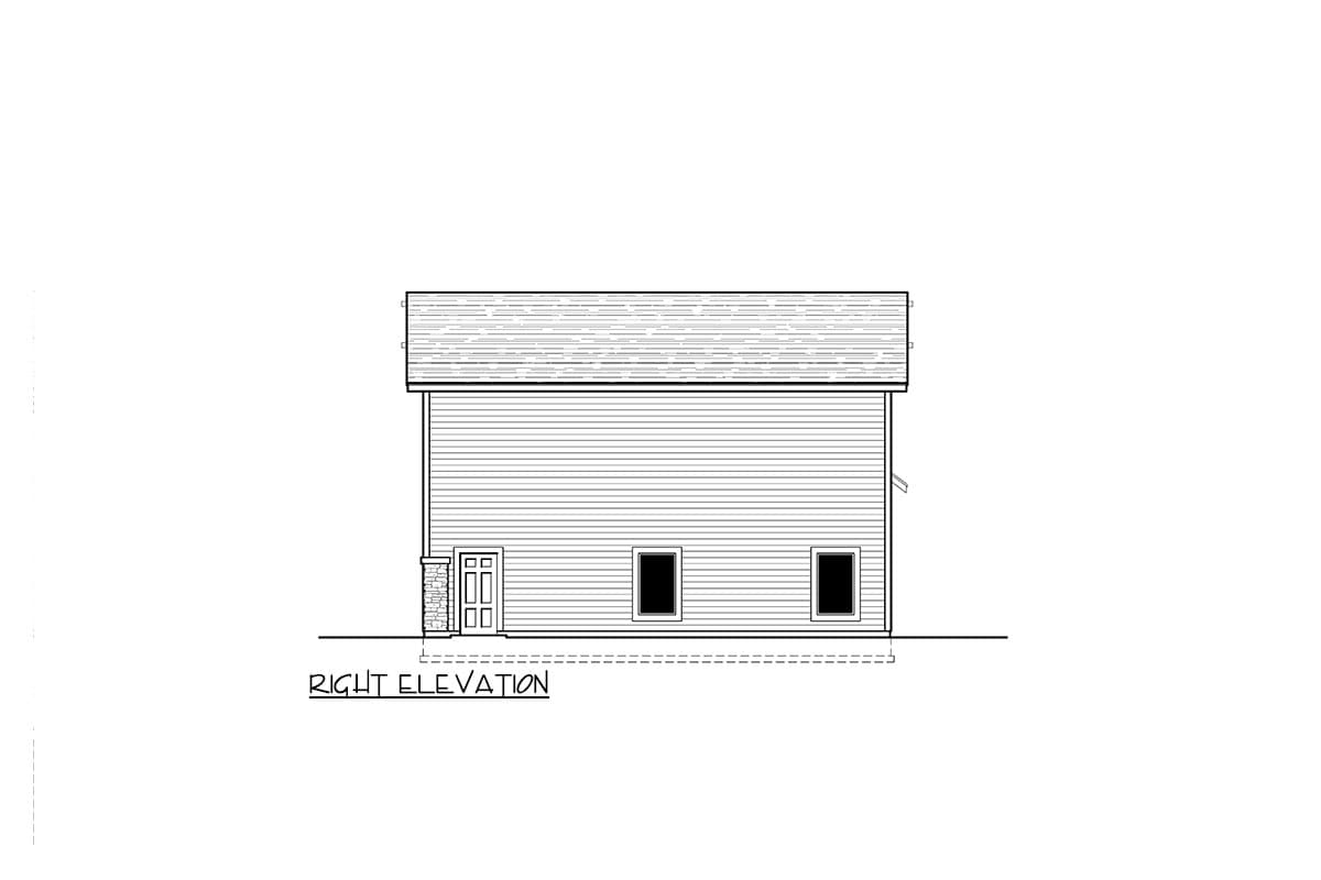 Right elevation drawing of a two-story house plan, featuring siding, a pitched roof, a front door, and two windows.