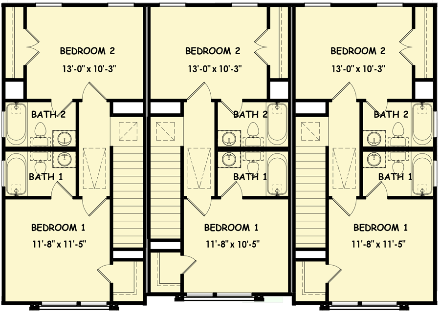 Plan 100335GHR: Two-Story Triplex Plan with 2-Bed 2.5 Bath Under 1000 Sq Ft Per Unit - Floor Plan - 2nd Floor - Contemporary, Modern