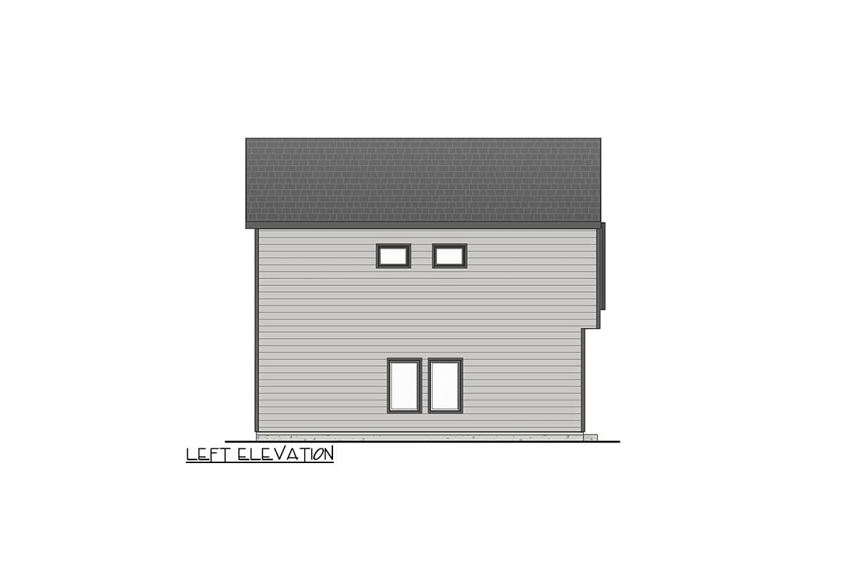 Left elevation house plan drawing showing a two-story structure with siding and two windows on each level.