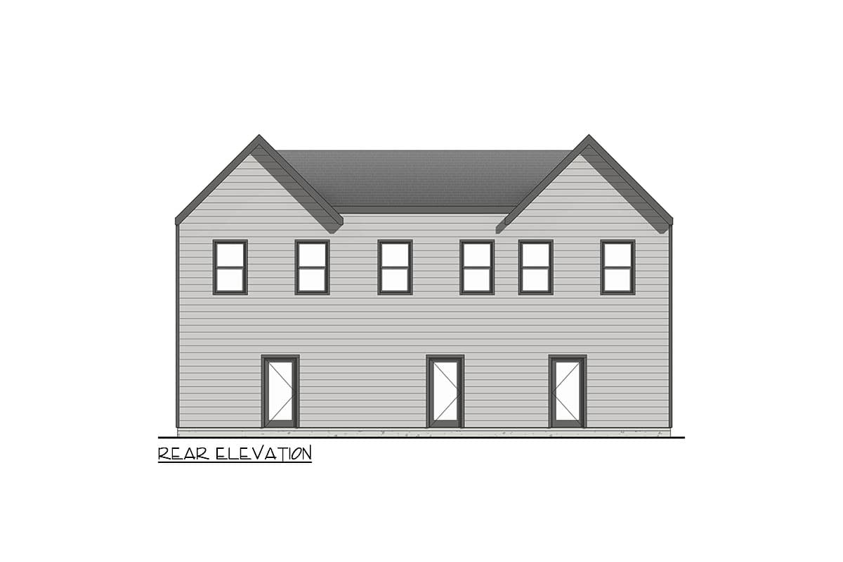 Rear elevation drawing of a two-story house with symmetrical gabled rooflines, horizontal siding, six upper windows, and three lower doors.