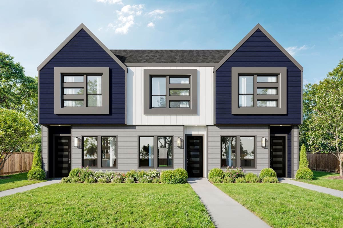 House plan exterior. Two-story, Modern style. Features include gabled rooflines, dark blue siding, and multi-pane windows.