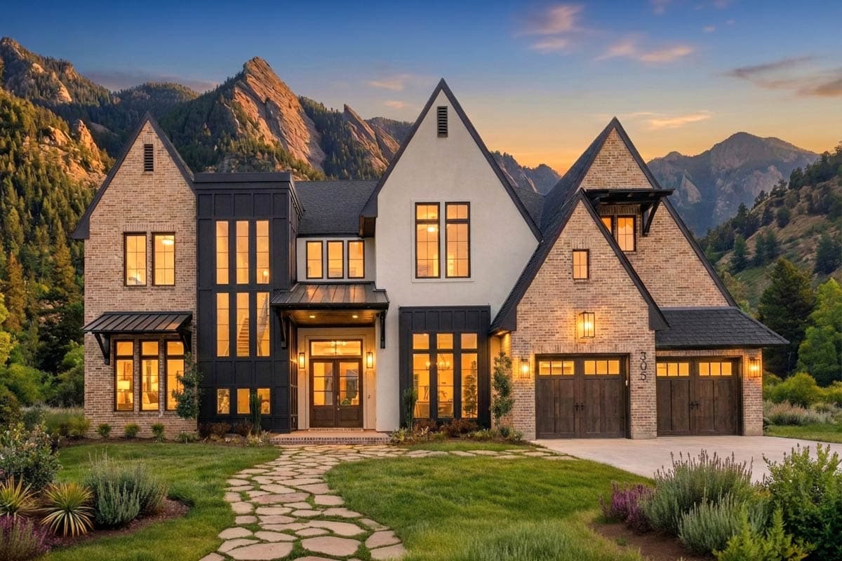 Modern Tudor style house plan exterior with brick and stucco, steep gables, and multiple windows.