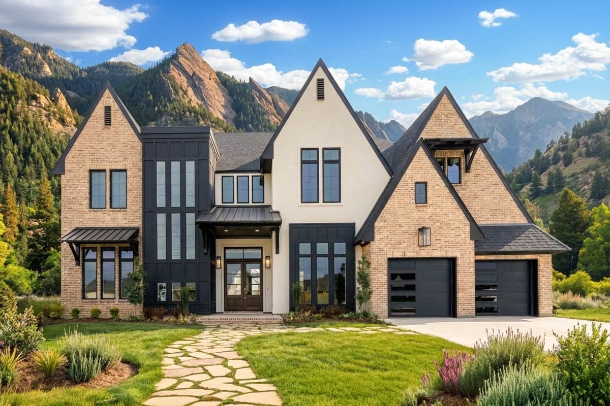 House plan exterior: Two-story Modern Farmhouse with brick and black siding, gables, metal roof awnings, and a three-car garage.