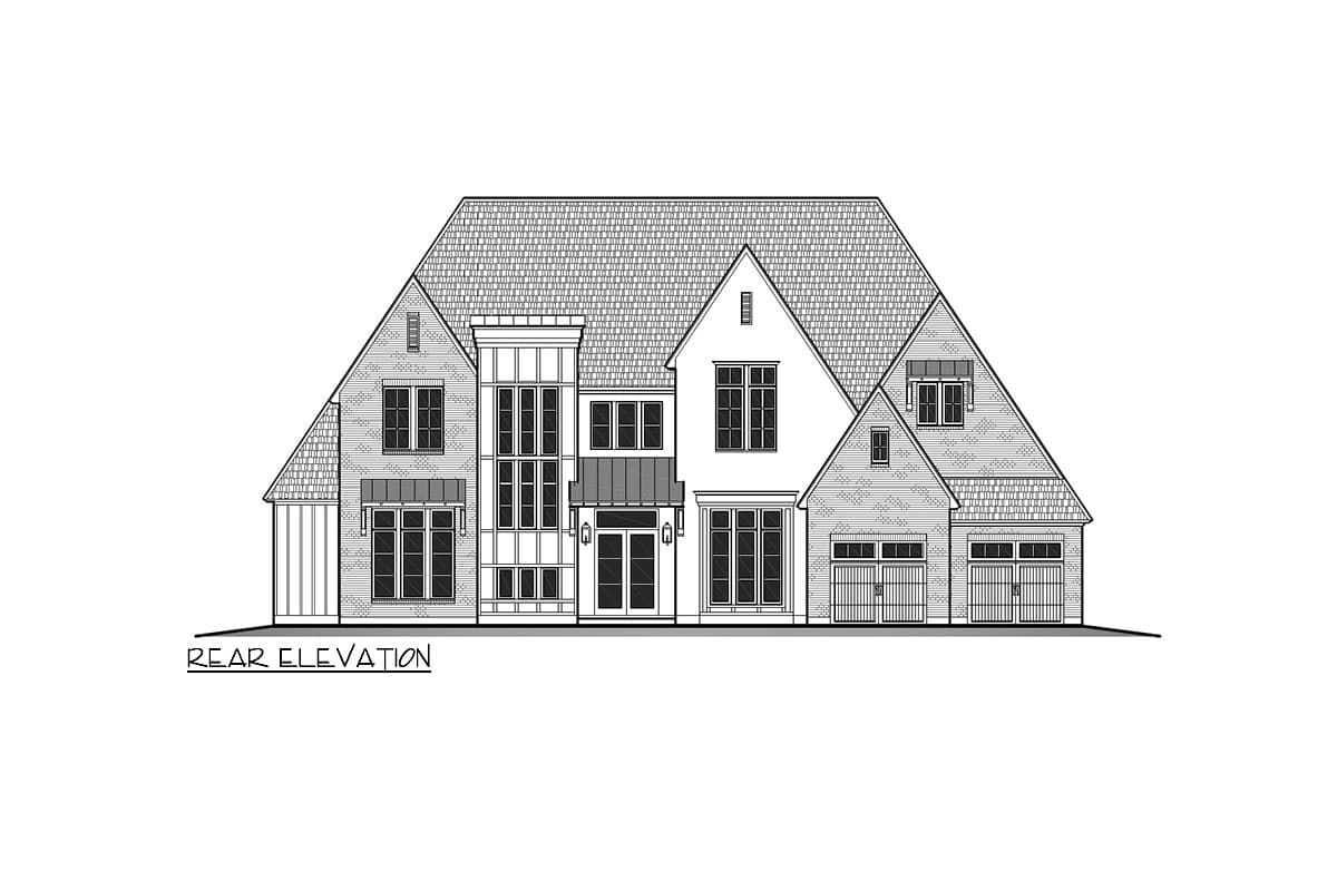 House plan exterior. Two-story with multiple gables. Features include a centered entryway with transom, dormers, and an attached two-car garage.