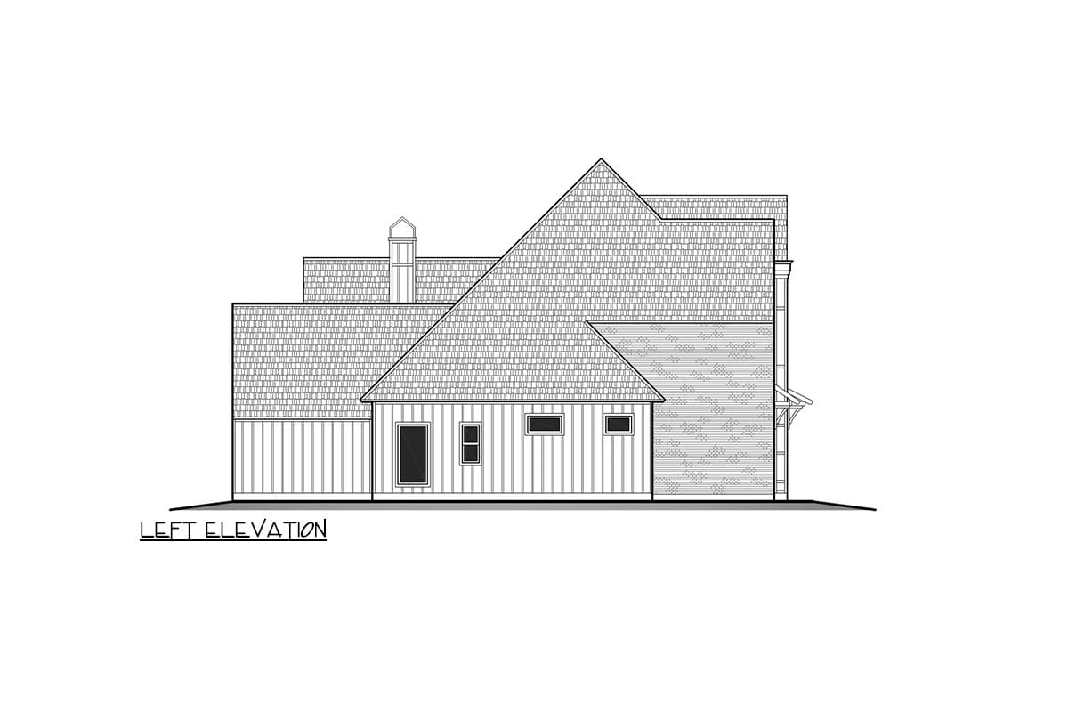 House plan left elevation. Features include gabled roof, vertical siding, and a brick facade section. Chimney visible.
