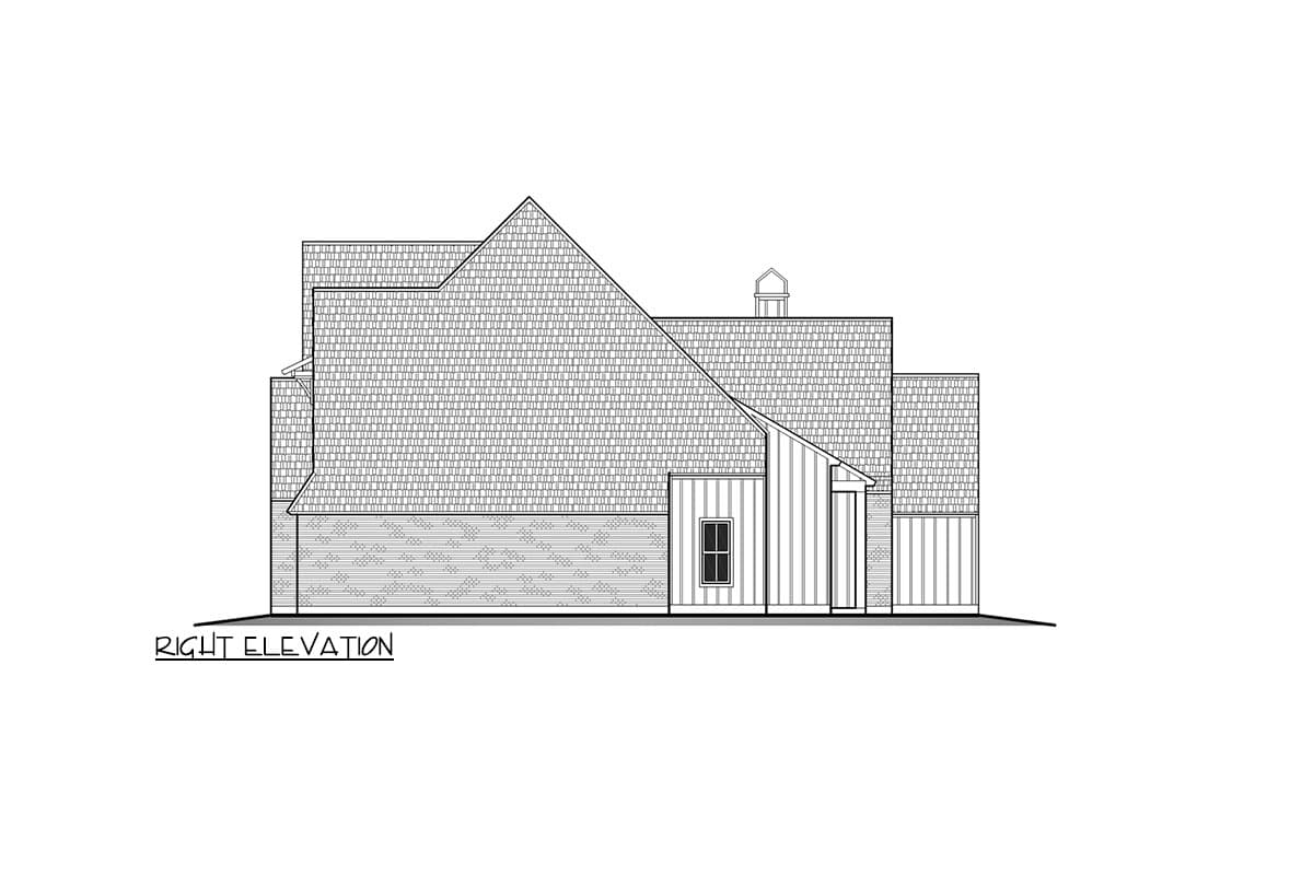 House plan exterior. Right elevation view of a two-story home. Features include gable rooflines, dormer, and vertical siding.