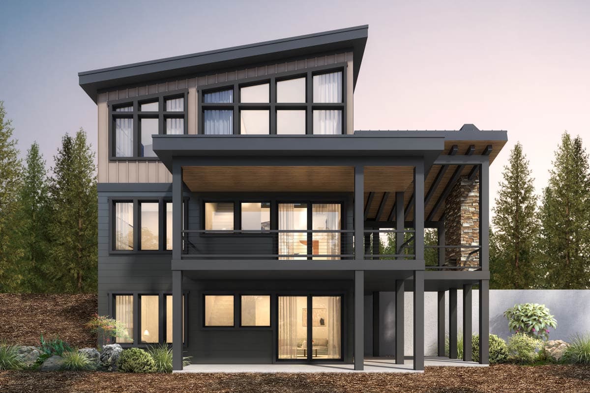 Modern house plan exterior with angled rooflines, multiple stories, large windows, and covered balconies with stone accents.