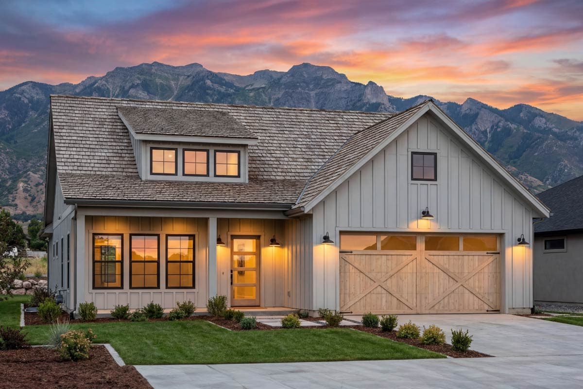 Modern Farmhouse house plan exterior with a dormer, board and batten siding, and a large wooden garage door.
