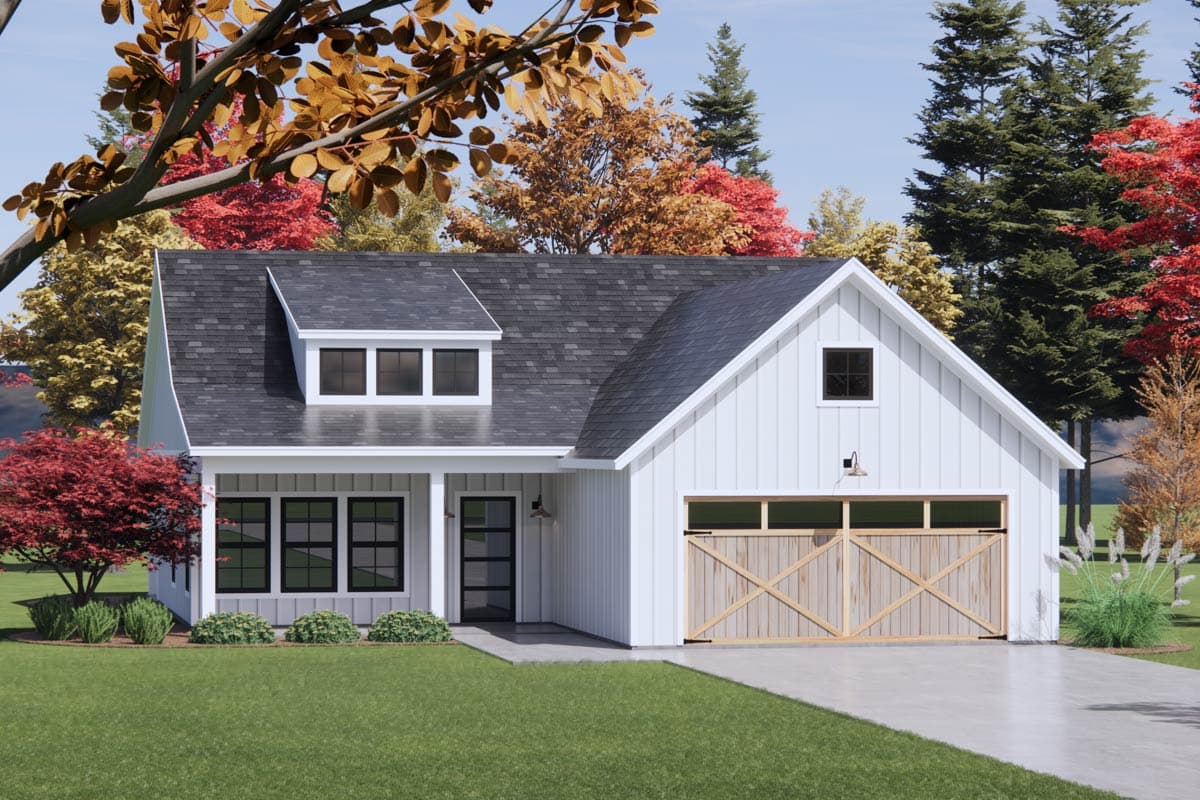 House plan exterior rendering. Features include a farmhouse style, gabled roof, dormer, and attached garage with a cross design wood door.