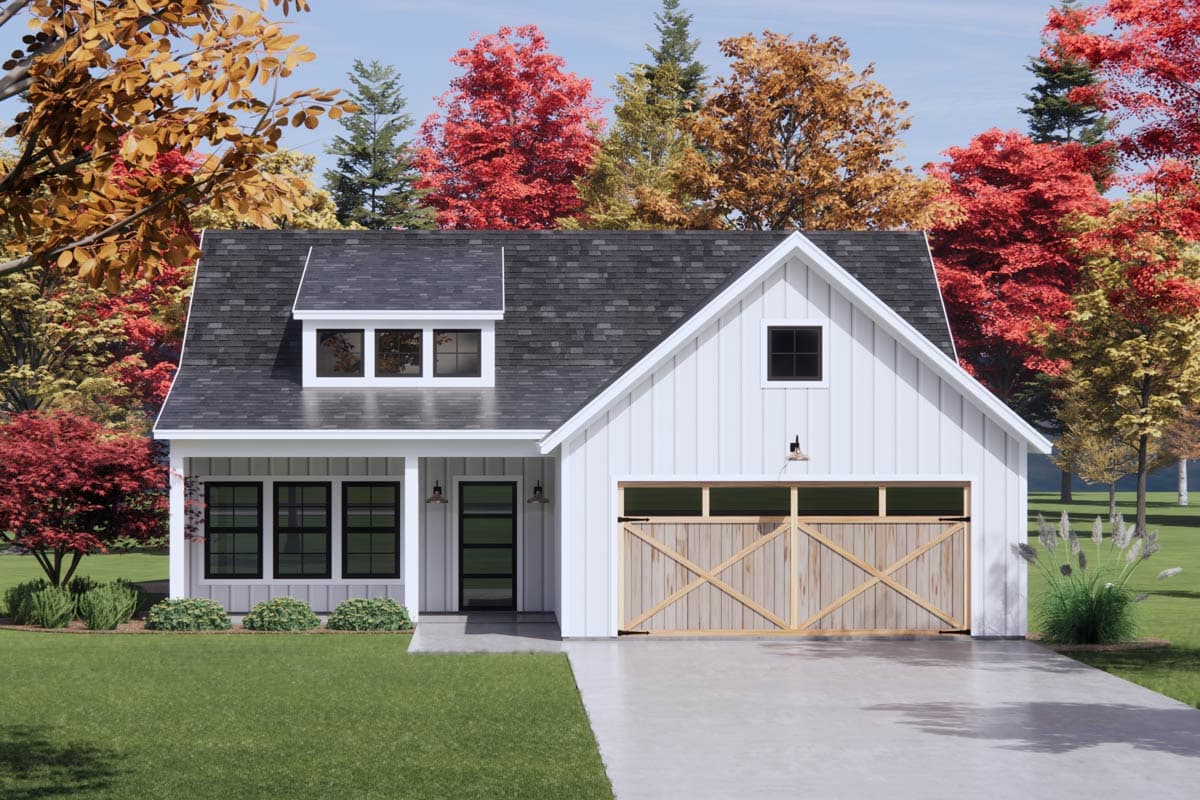 Modern Farmhouse house plan exterior with gable roof, dormer windows, covered porch, and wood garage doors.