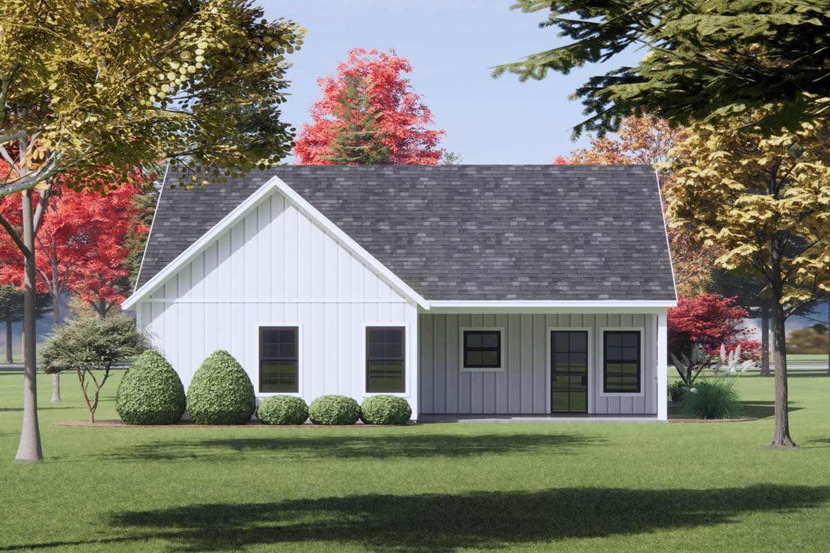 Modern Farmhouse style house plan exterior, one story, with gable roof, vertical siding, and covered porch.