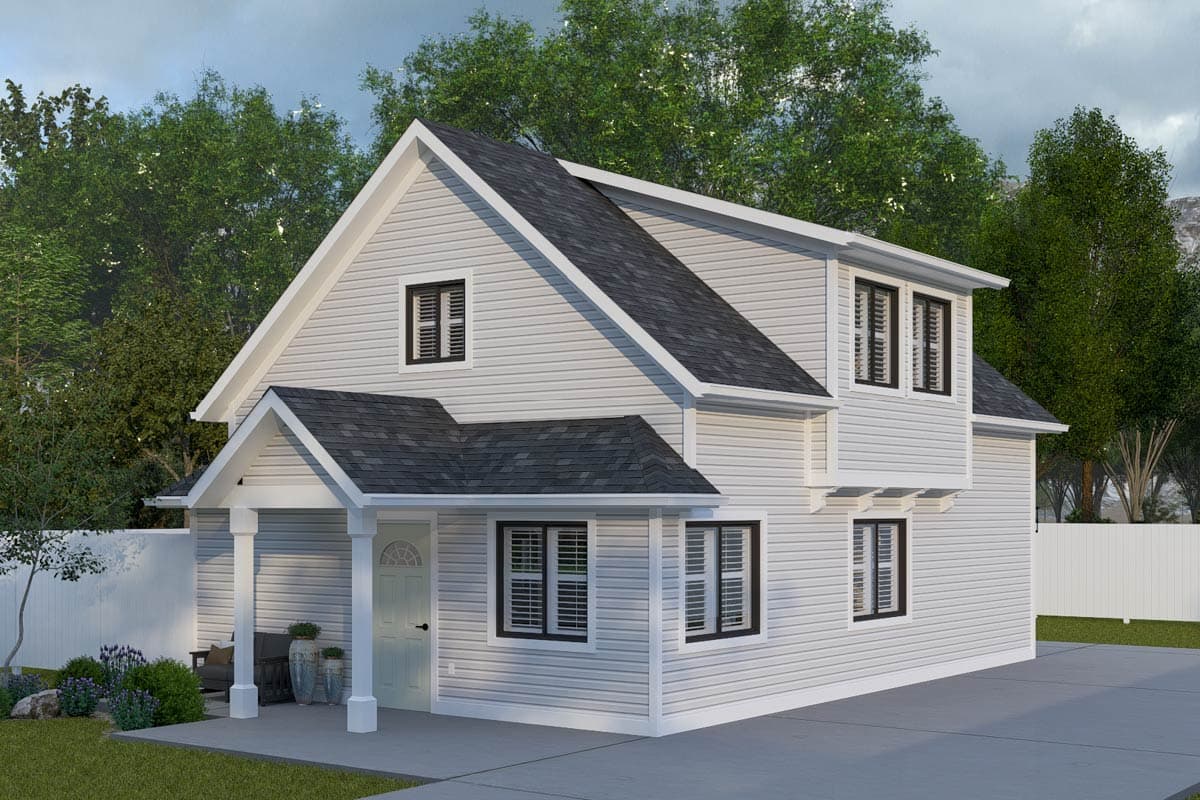 House plan exterior: Two-story dwelling with a prominent gable, covered front porch, and multiple pane windows.