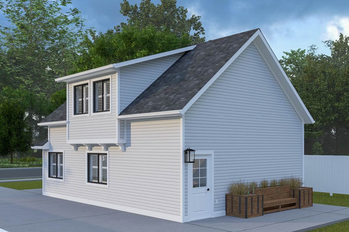 House plan exterior, two stories, with lap siding, multiple gables, second-story dormer, and a front door with a glass pane.