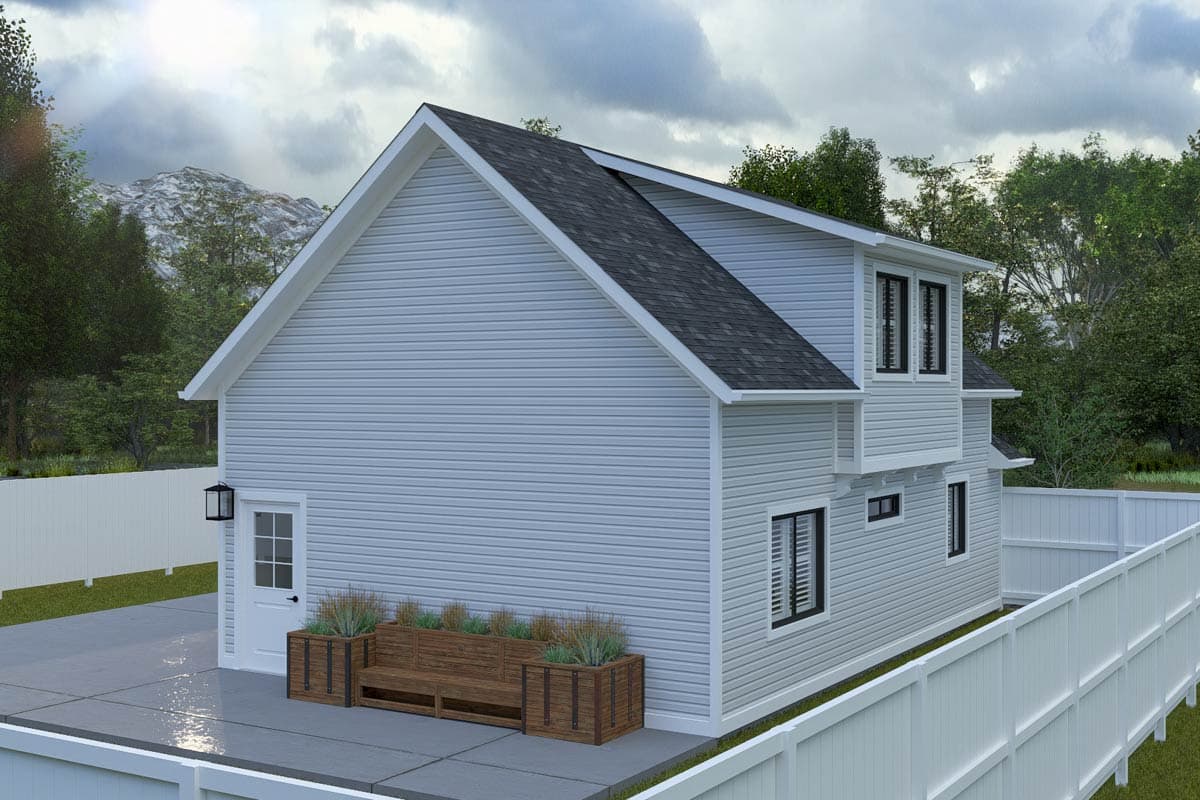Modern Farmhouse house plan exterior, two stories, gable roof, front door with sidelight, and an attached planter bench.