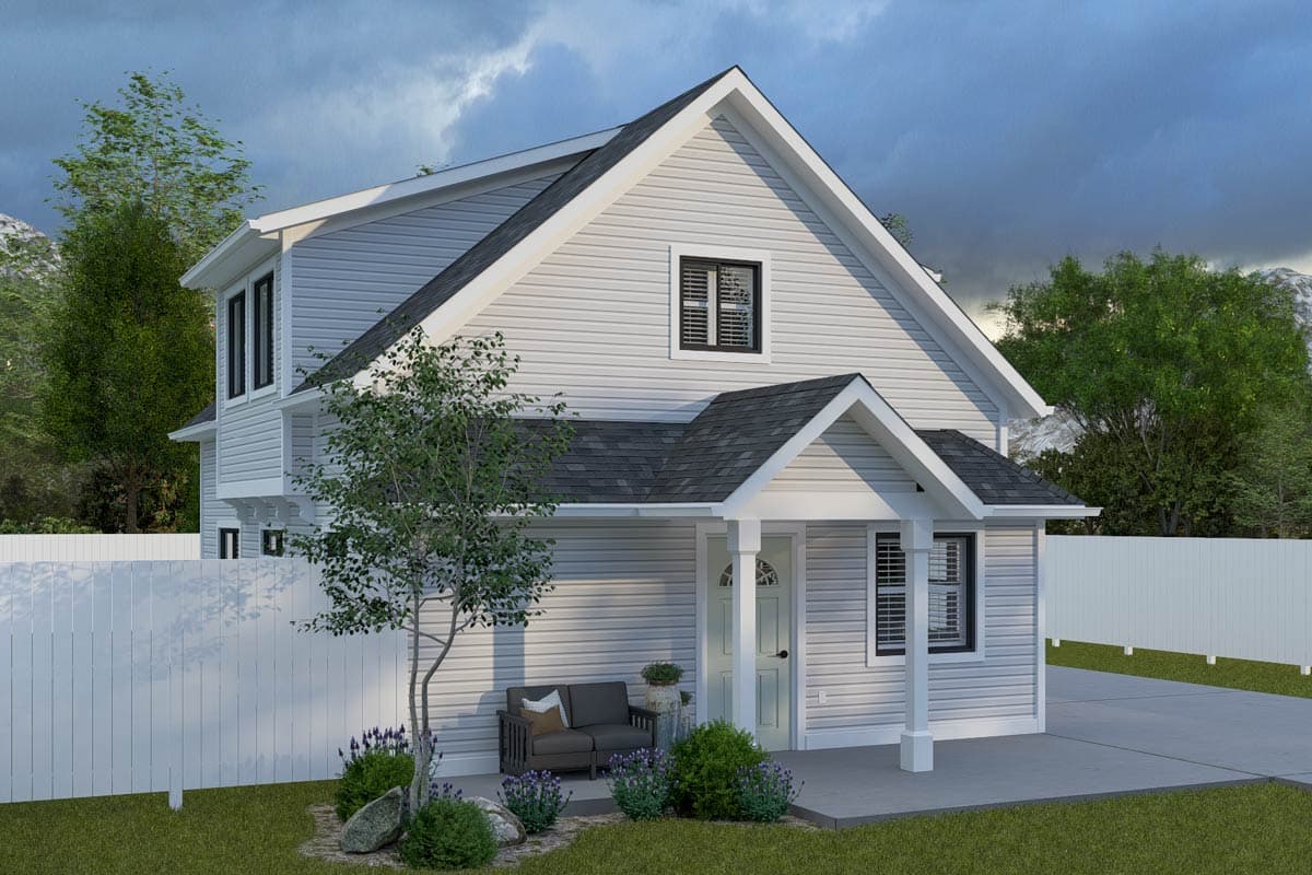 House plan exterior: Two-story siding home with gabled roof, prominent front gable, covered entry porch, and corner windows.