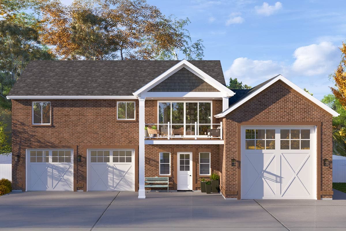 House plan exterior with two stories. Features include a balcony, brick facade, and multiple gables. Attached garage on right side.