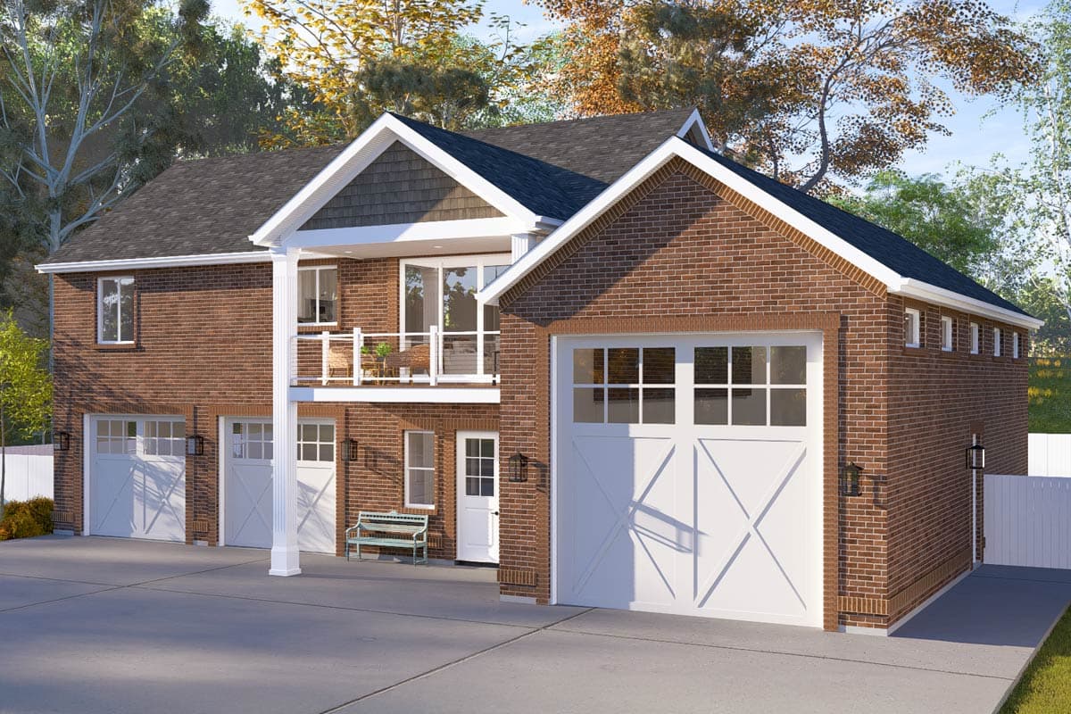 House plan exterior, brick facade, 2-story, multiple garages, second-story balcony with white railing.