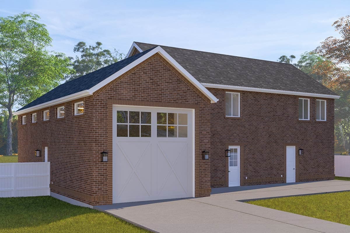 House plan exterior with brick facade, large garage door with upper windows, multiple entry doors, and gabled roof.