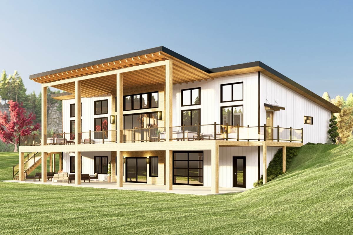 House plan exterior: Modern style, two stories, large covered deck, expansive windows, and elevated foundation on sloped terrain.
