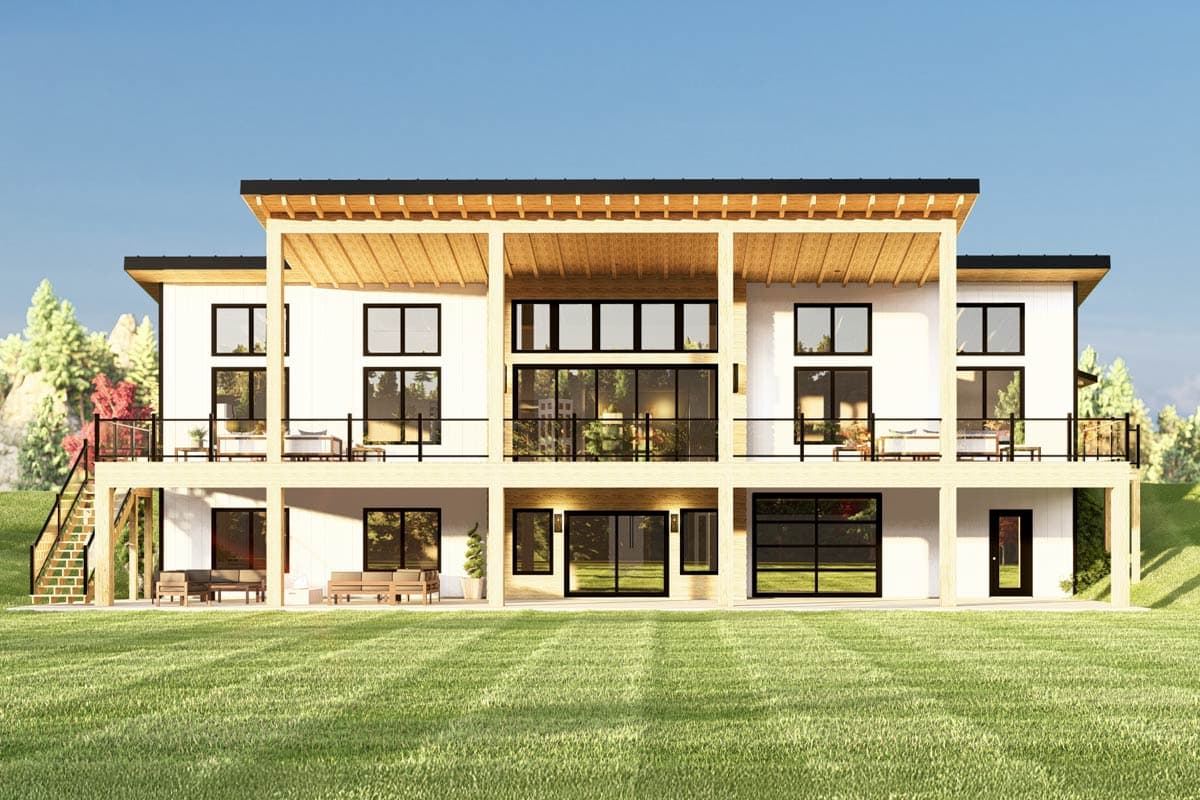 Modern house plan exterior with two stories, flat roof, extensive windows, and a covered upper-level deck.