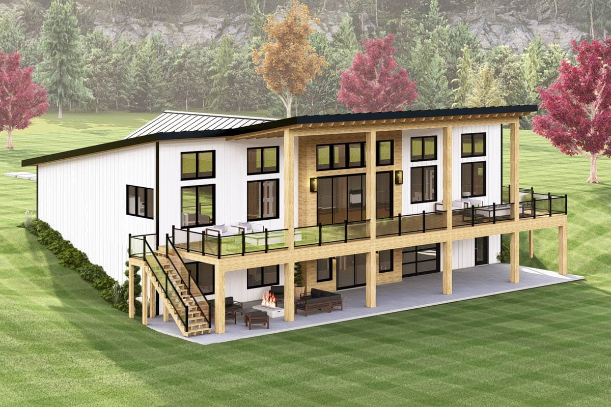 Modern house plan exterior with a shed roof, large windows, elevated deck, and exposed foundation.
