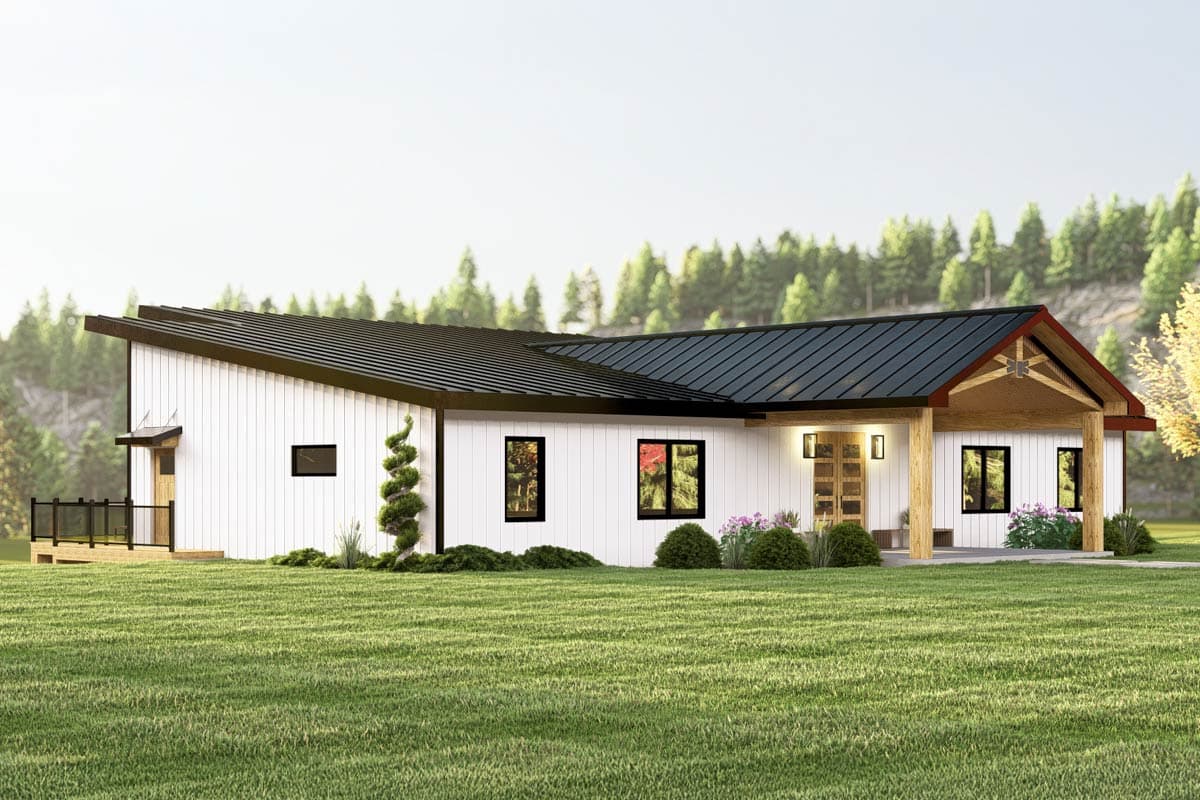 Modern single-story house plan exterior with a sloped roof, covered entry with wood columns, and a deck with glass railings.