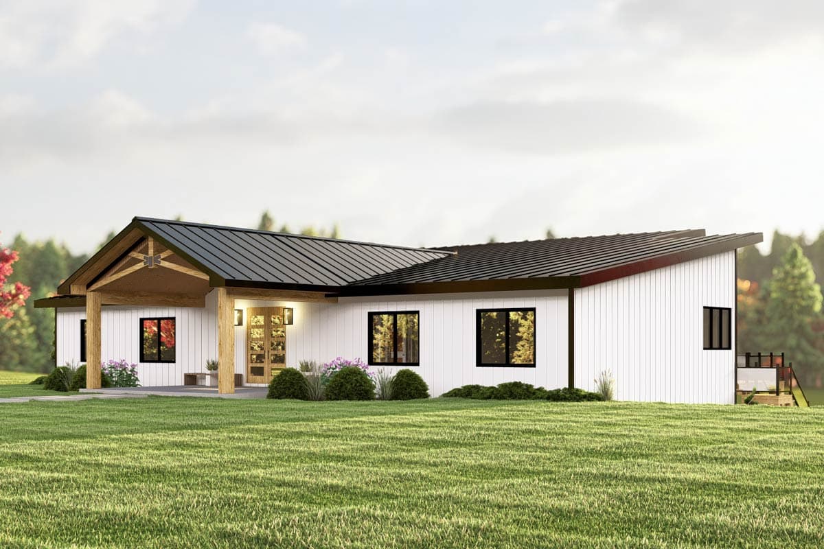 Modern house plan exterior with a low-pitched gable roof, covered entry with exposed beams, white vertical siding, and dark windows.