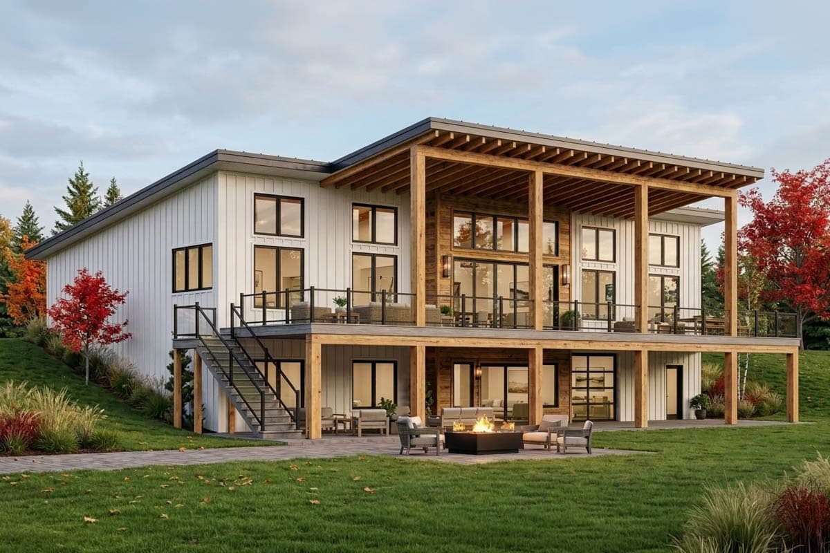 House plan exterior. Two-story modern home with a large covered deck, open-air porch, and large windows. Includes stairs to the upper level.