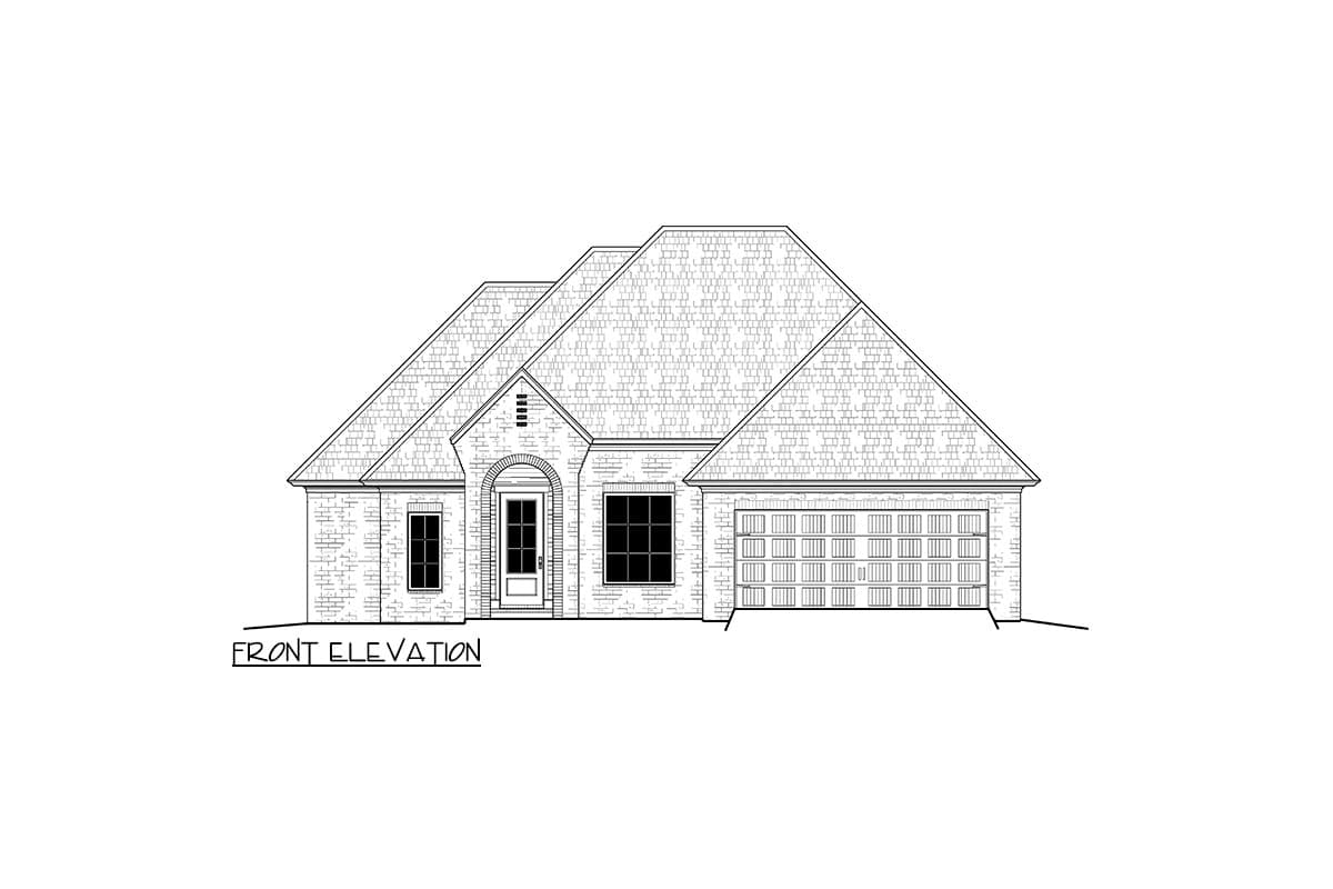 Front elevation drawing of a one-story house with a brick exterior, arched entryway, and attached two-car garage.